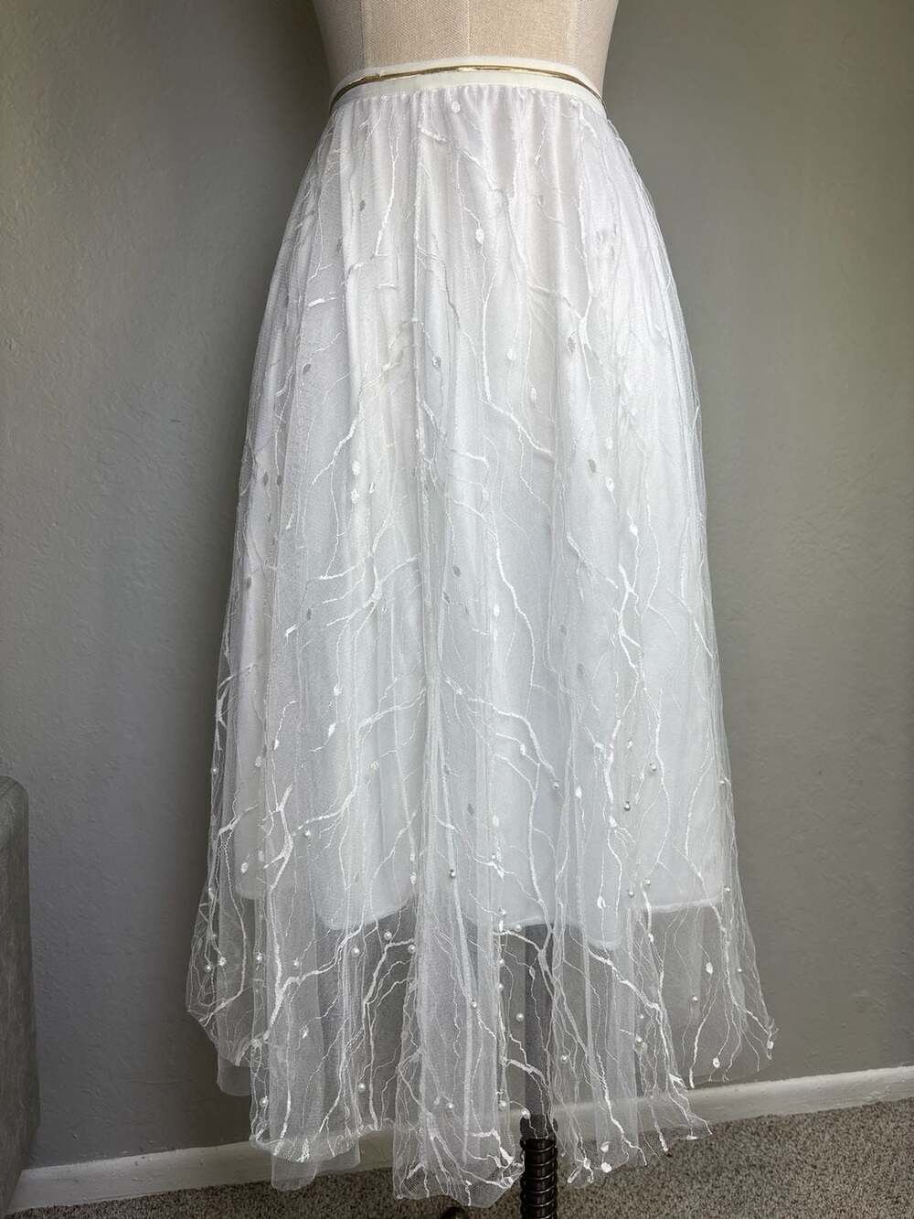 White Tulle Embroidered Midi Skirt with Beaded Pearl Accents and Gold Trim